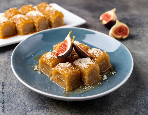 Traditional turkish dessert baklava with fig fruits, cashew, walnuts. Homemade baklava with nuts and honey.