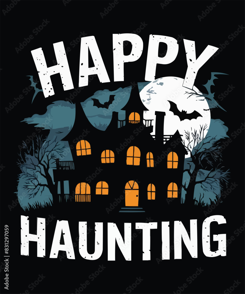 Happy Halloween Haunted House Silhouette Vector T-Shirt Design Happy Halloween Haunted House Silhouette Vector T-Shirt Design