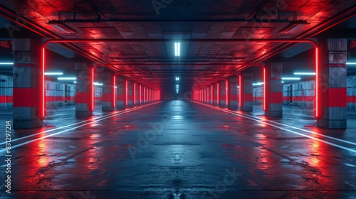 Future Sci Fi Cyber Modern Neon Laser Blue Red Beams Lights Metal Stripe Glossy Barn Garage Parking Studio Showroom Tunnel Corridor Underground Concrete Warehouse Room