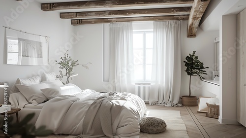 Scandinavian second bedroom with white walls, wooden beams, minimalist decor, and natural light