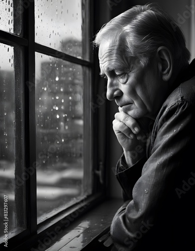 Melancholic senior man looking out the window