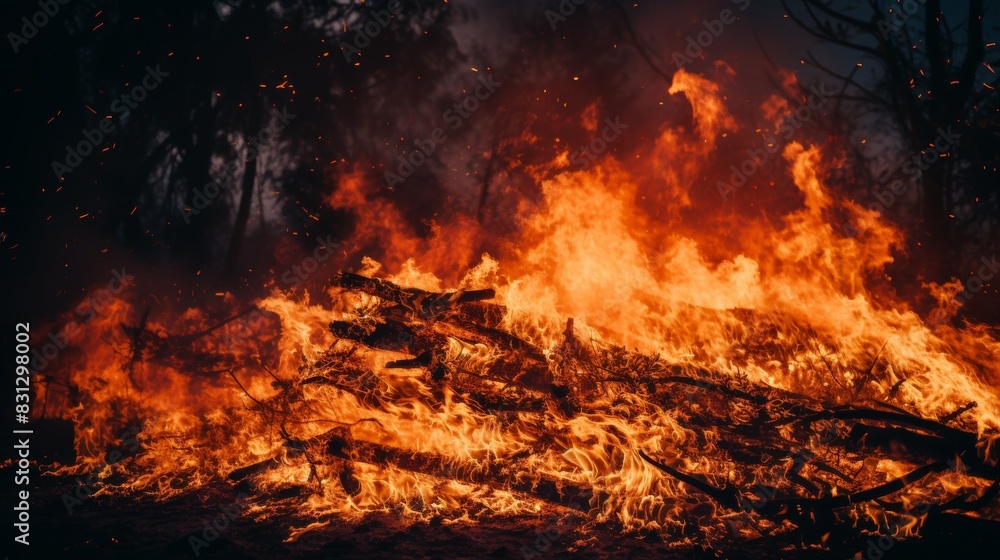 Intense fire blazing amidst the dark shadows, fiery flames illuminating the night sky Intense fire blazing amidst the dark shadows, fiery flames illuminating the night sky