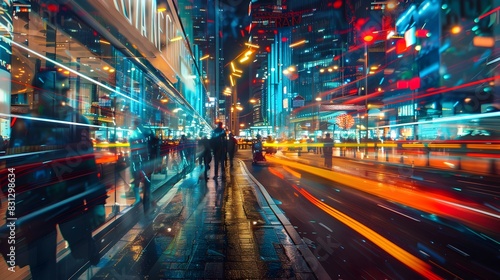 Vibrant Nighttime City Street with Blurred Motion and Neon Lights