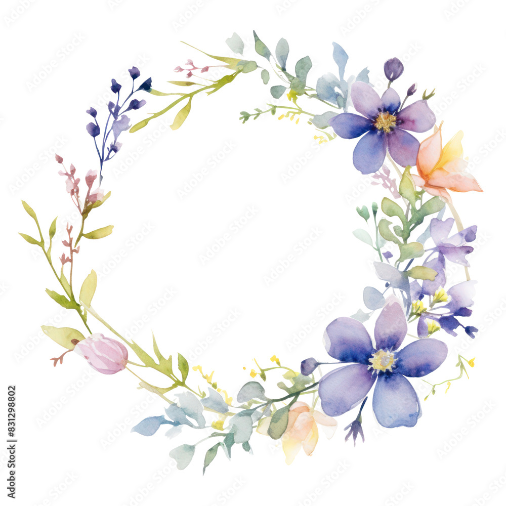 A watercolor painting of a wreath of flowers in various shades of purple. A watercolor painting of a wreath of flowers in various shades of purple.