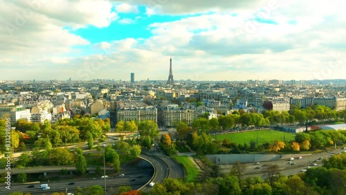 Paris aerial view of bridges, Seine river, Pont des Arts and Eiffel tower. Historic Parisian city center photo