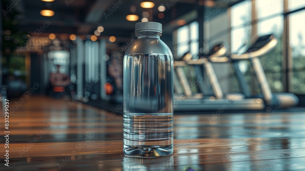 A 3D model of a reusable water bottle with a modern design, placed in a gym setting with workout equipment and athletes in the background. The scene should emphasize health and fitness. A 3D model of a reusable water bottle with a modern design, placed in a gym setting with workout equipment and athletes in the background. The scene should emphasize health and fitness.