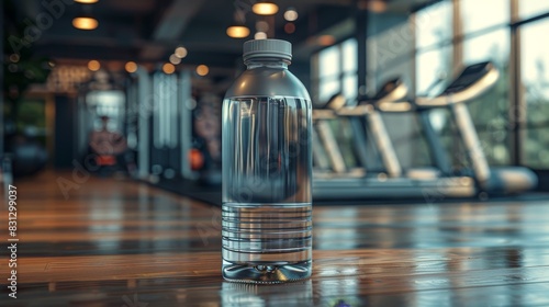 A 3D model of a reusable water bottle with a modern design, placed in a gym setting with workout equipment and athletes in the background. The scene should emphasize health and fitness.