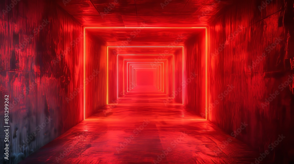 An accurate rendering of a Sci-Fi Futuristic Dark Underground Warehouse Tunnel Corridor Concrete Columns Spikes Vibrant Orange Red Light Empty Space Spaceship Alien
