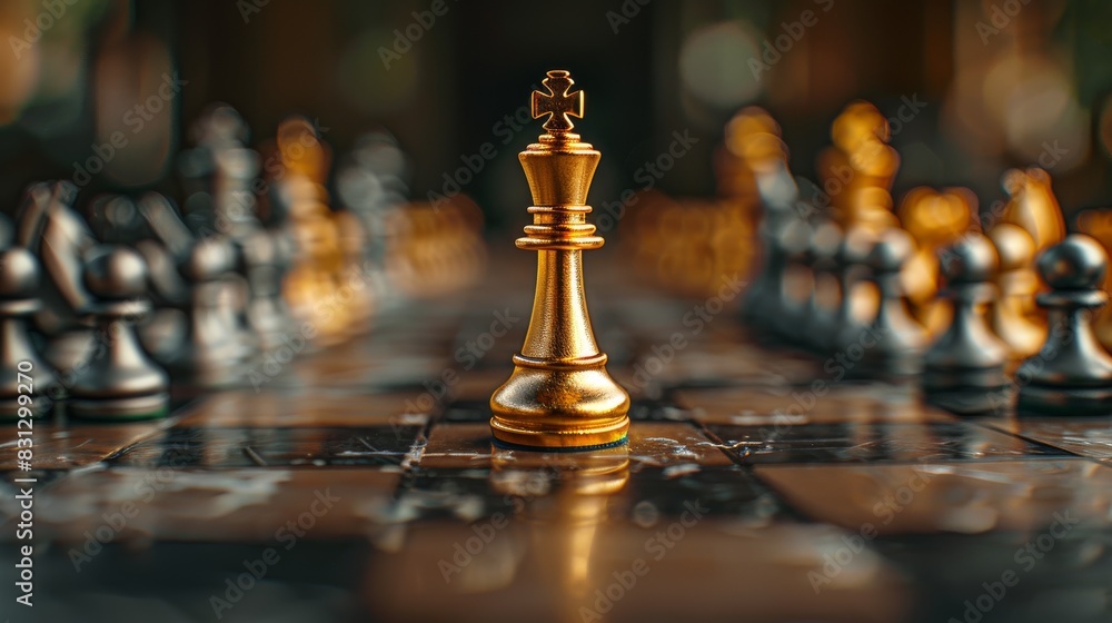 Golden king chess standing among fallen silver chess for winner and defeat after competition , Business strategy concept Golden king chess standing among fallen silver chess for winner and defeat after competition , Business strategy concept