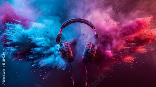 A pair of headphones is surrounded by colorful powder, creating a vibrant photo