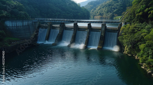 natural water cycle in a river feeding the hydroelectric plant, riverine environment, clean energy
