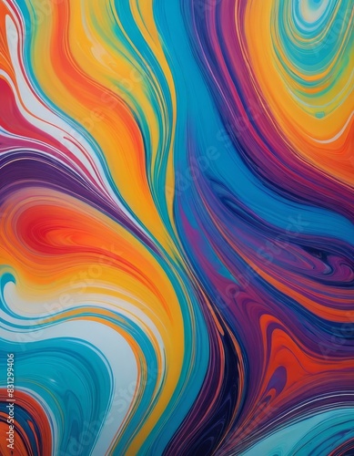 A vivid and dynamic abstract painting featuring swirling patterns of bright colors including blue, orange, and yellow. The fluid motion creates a sense of energy and liveliness, perfect for modern