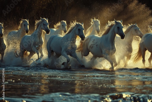 Group of Horses Running Across Body of Water