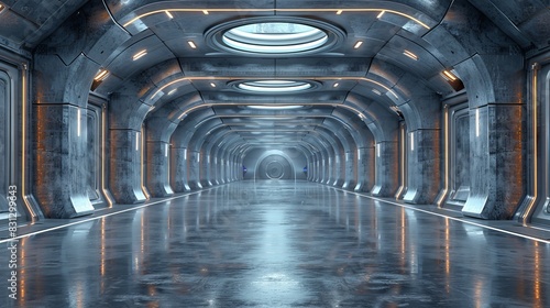 An industrial futuristic ultra violet cement grunge concrete rendering of a dark underground parking garage hangar warehouse showroom studio for a spaceship