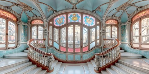 View of the secondlevel balcony at Palau de la Musica Catalana in Barcelona Spain. Concept Travel, Architecture, Landmarks, Tourism, Spain