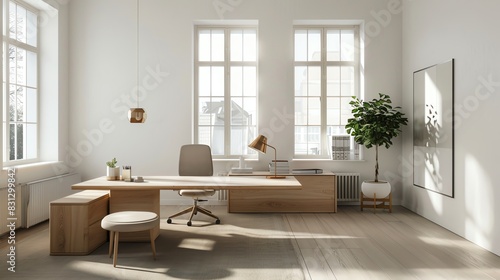 Scandinavian office with minimalist furniture, natural light, wooden desk, and simple decor