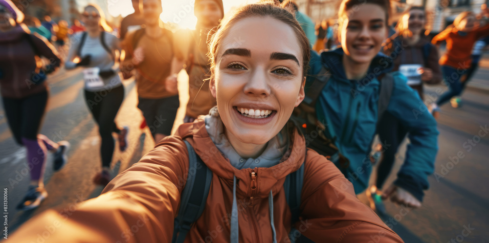 Happy girl taking selfie with group of people running in a city marathon	