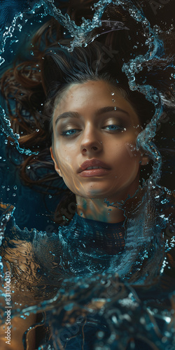 Woman in Water with Rippling Effect and Blue Eyes - Abstract