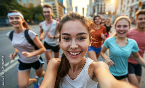 Happy girl taking selfie with group of people running in a city marathon  © Edgar Martirosyan