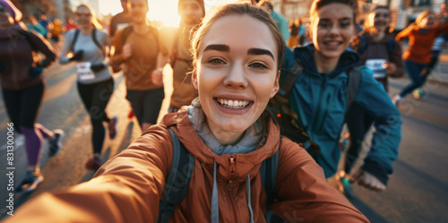 Happy girl taking selfie with group of people running in a city marathon 