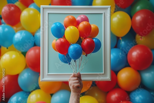 Lots of bright colorful balloons. Option for a holiday card