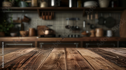 Wooden table background of free space for your decoration and blurred background of kitchen. Copy space.Dark mood interior. Kitchen furniture.  photo