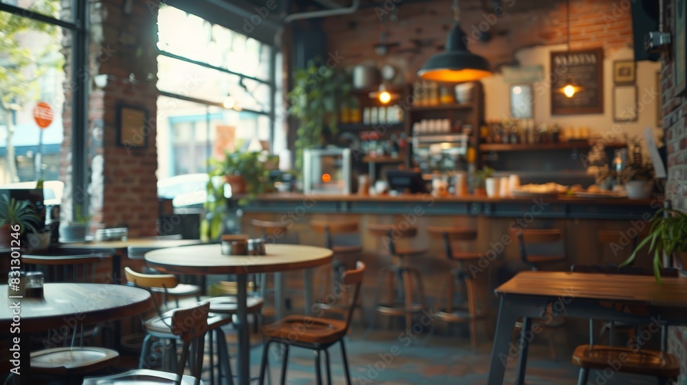 Obraz premium A warm and inviting urban cafe with rustic decor, wooden tables and chairs, and large windows letting in natural light.