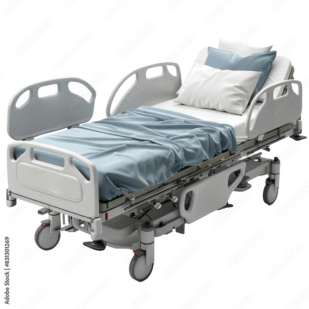 A white hospital bed with blue linens and a white pillow. The bed is on wheels and has side rails. isolated on White background. A white hospital bed with blue linens and a white pillow. The bed is on wheels and has side rails. isolated on White background.