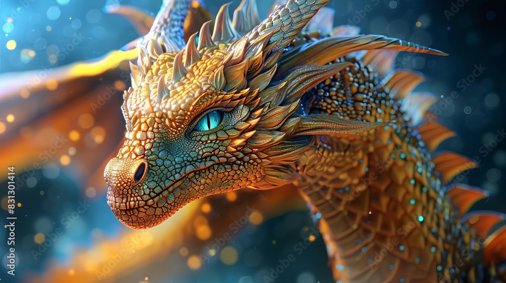 3d render of fantasy dragon, with golden scales and emerald eyes, in front view, background dark blue with magical sparks 3d render of fantasy dragon, with golden scales and emerald eyes, in front view, background dark blue with magical sparks