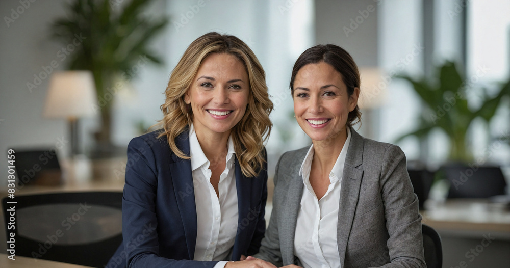 Two middle-aged executive women smiling at the camera from the office. Teamwork, success, cooperation. Two middle-aged executive women smiling at the camera from the office. Teamwork, success, cooperation.