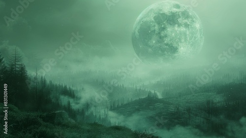 Enigmatic scenery with a colossal moon over a foggy, nocturnal forest landscape photo