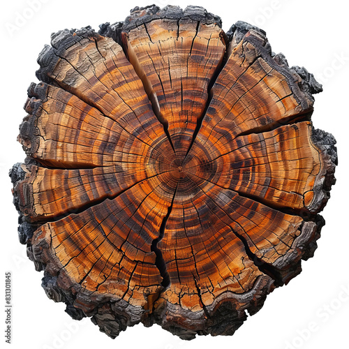 Close-up view of a tree trunk cross-section, revealing intricate growth rings and textures. isolated on White background. photo