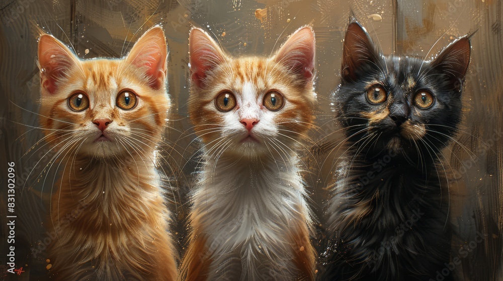 Trio of curious kittens peering through window
