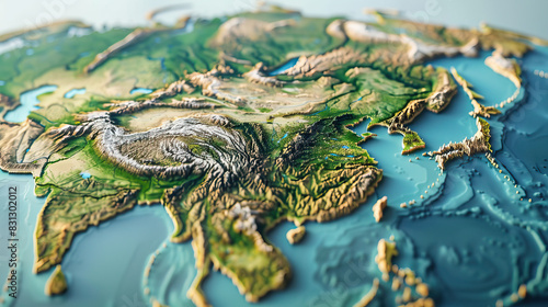 Modern clear, simple and detailed 3D Asian continent map background, wallpaper, backdrop, texture, template, surface, planet Earth, isolated on background. LIDAR model, elevation terrain scan, Asia  © Goodwave Studio