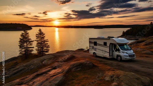 Picturesque camper parked by the tranquil sea under the mesmerizing colors of the setting sun
