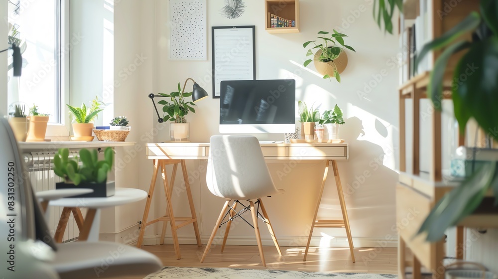 Scandinavian working room with clean lines, wooden elements, natural light, and simple decor