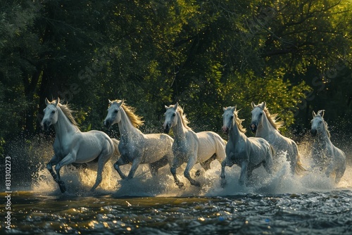 Group of Horses Running Across Body of Water