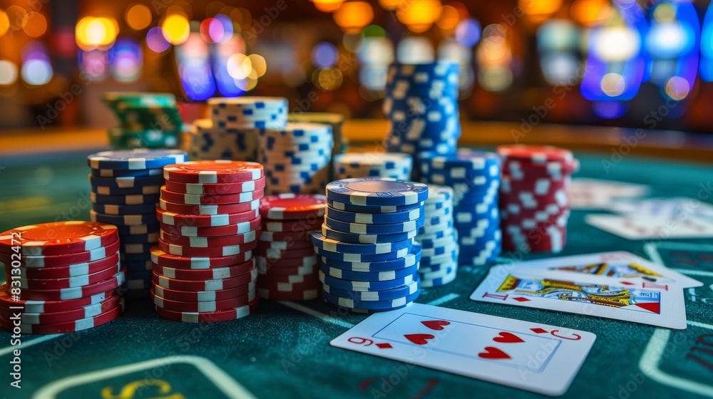black jack table, casino game decoration, card elements well arranged and some showing the cards black jack table, casino game decoration, card elements well arranged and some showing the cards