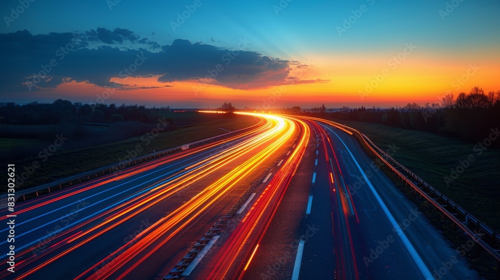 Runner on highway at night, car headlight trail speed motion blur.