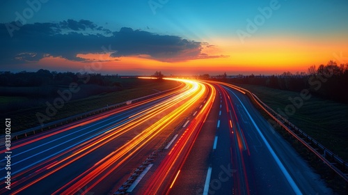 Runner on highway at night, car headlight trail speed motion blur.