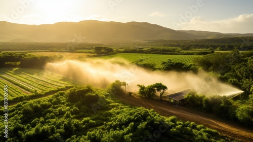 Aerial view of a tractor spraying fields at sunset in a beautiful rural landscape