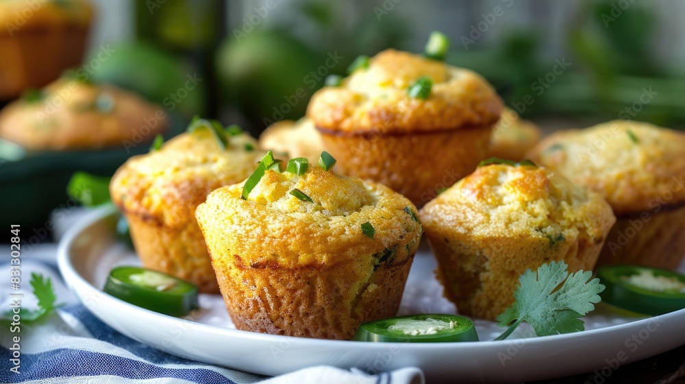 Jalapeno cornbread muffins on a decorative plate. Close-up of savory baked goods with fresh herbs. Jalapeno cornbread muffins on a decorative plate. Close-up of savory baked goods with fresh herbs.