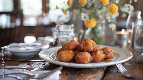 Plate of round fried pastries on a wooden table with candles and flowers.