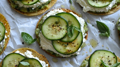 Cucumber and feta tostada with avocado spread on wooden board.