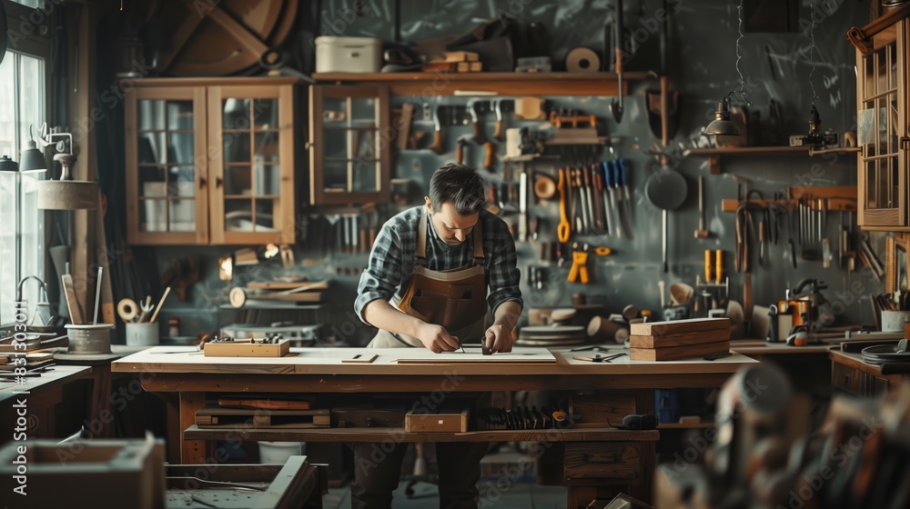 Man Carving Wood in Workshop Work Area Man Carving Wood in Workshop Work Area