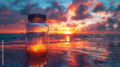 The beach in the sunset with a transparent jar with led lights. This is a romantic hipster concept made