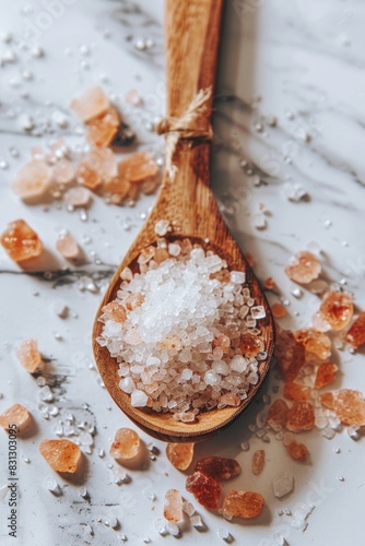 Macro shot of pink Himalayan salt crystals on a wooden spoon. Close-up food photography.