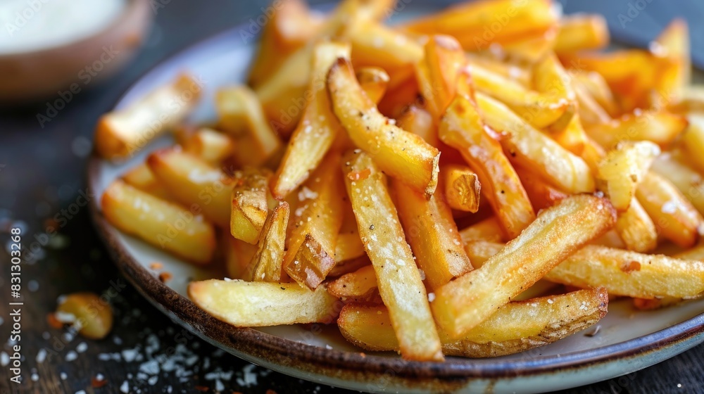 Golden crispy french fries in a black ceramic bowl. High-angle view of fast food concept. Golden crispy french fries in a black ceramic bowl. High-angle view of fast food concept.
