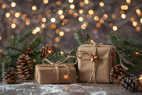 Christmas day gift presents wrapped in boxes under the festive tree with a bokeh background left by Santa Claus for a  season greeting card design stock illustration image