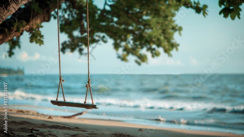 A rustic wooden swing hangs from a tree  overlooking the calm ocean waves on a peaceful  sandy beach.